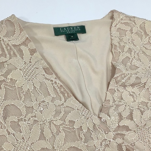 Lauren Ralph Lauren v neck floral lace side gather cream Nude midi dress size 14 - Picture 10 of 15